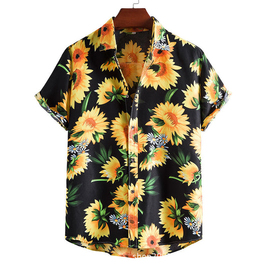 Casual Sunflower Print Men's Short Sleeves Shirts