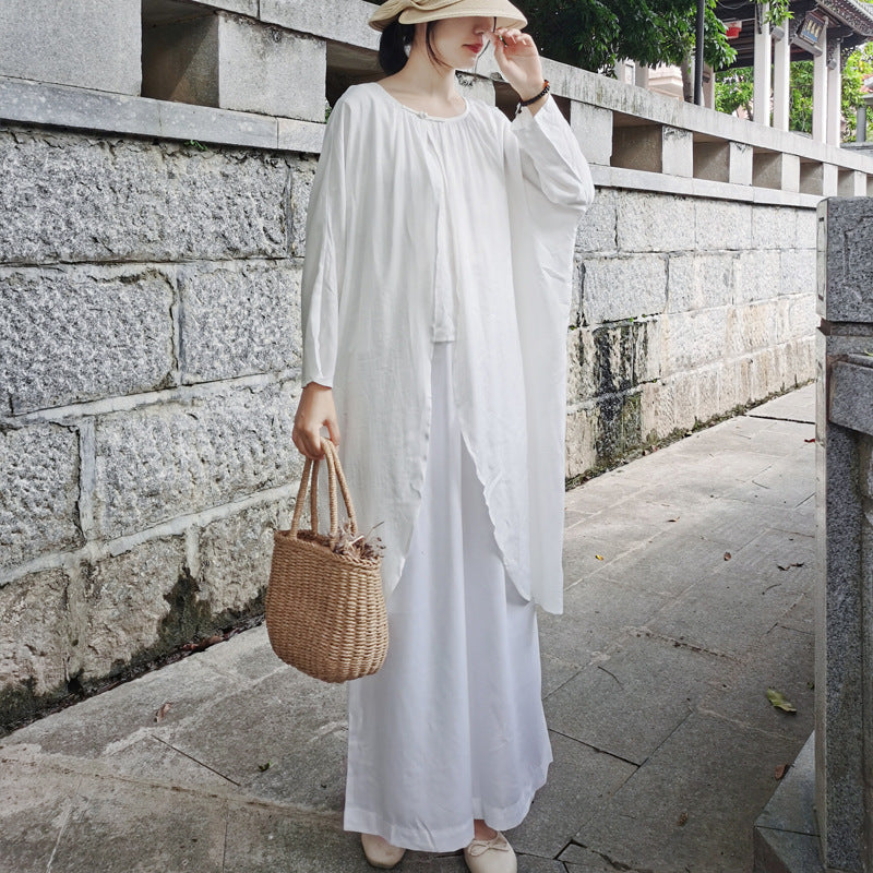 Casual White Long Sleeves Blouses and Linen Pants