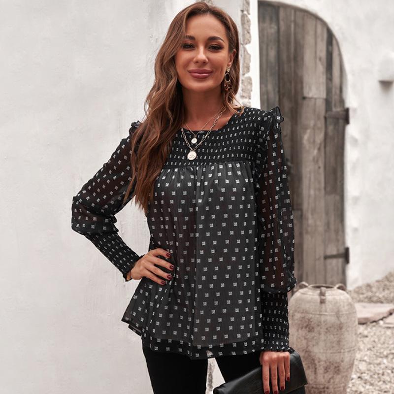 Women Ruffled Dot Print Chiffon Tops Blouses-Black-S-Free Shipping at meselling99