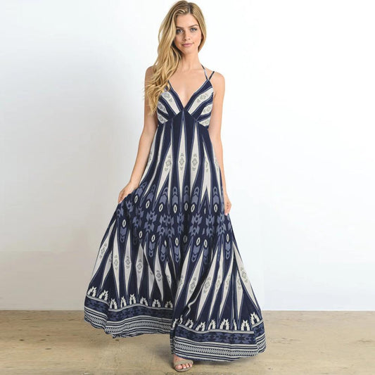 Summer Women V Neck Backless Long Maxi Dresses-STYLEGOING