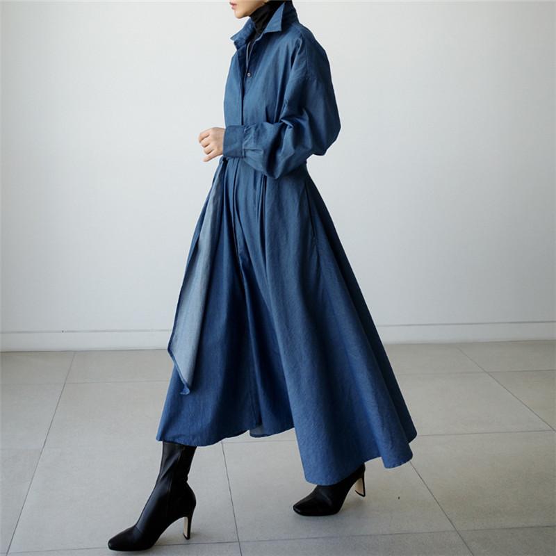 Blue Long Sleeve Loose Demin Shirts Maxi Dresses-STYLEGOING