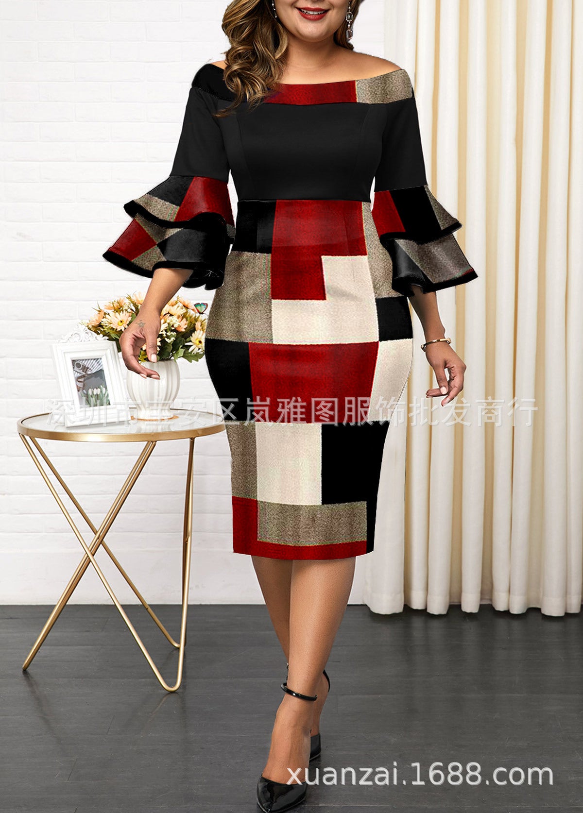 Women 3/4 Length Sleeves Plus Sizes Dresses