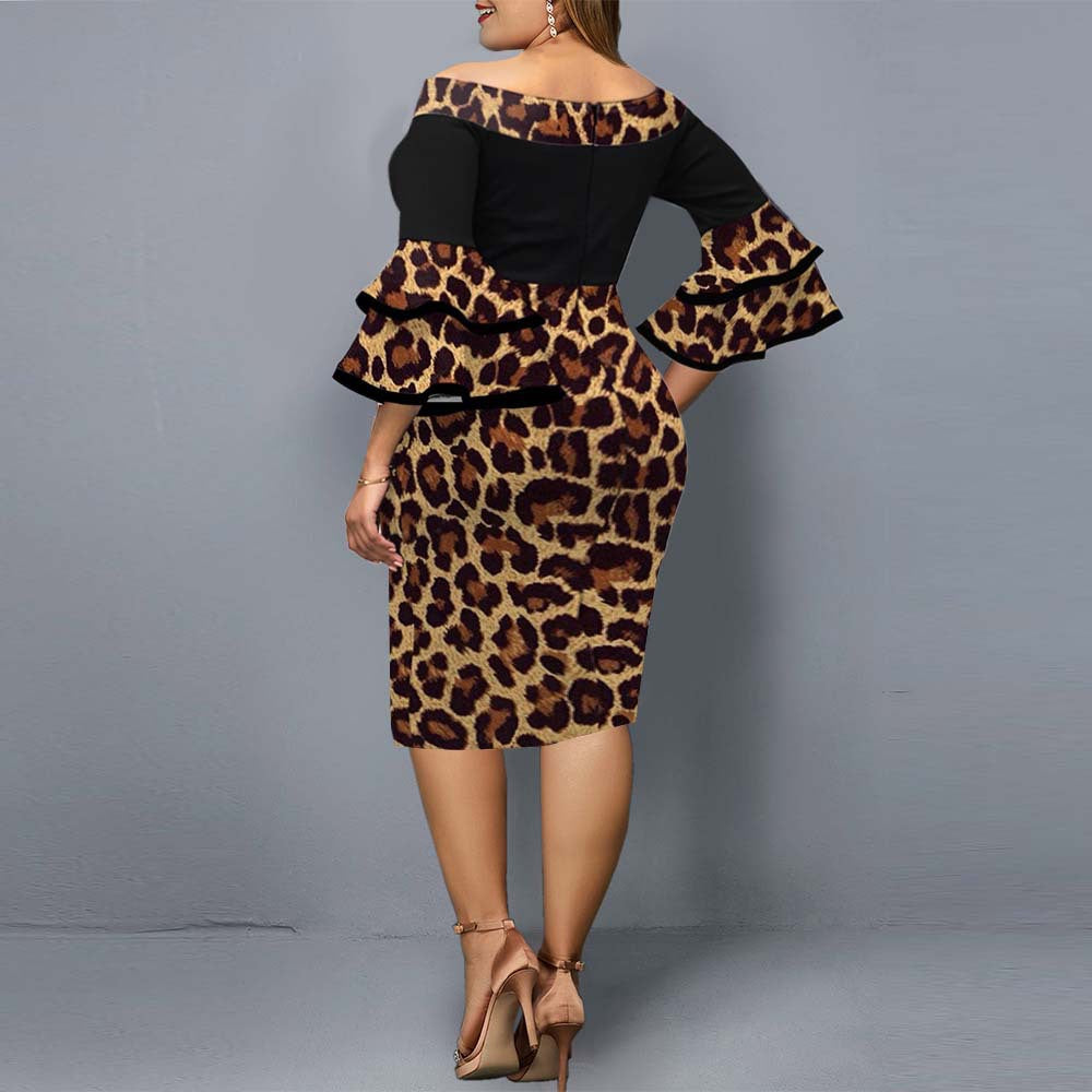 Sexy Leopard Trumpet Sleeves Plus Sizes Party Dresses