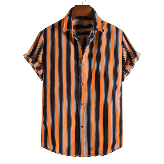 Orange and Black Striped Casual Short Sleeves Shirts for Men