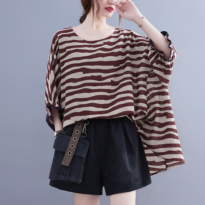 Casual Striped Summer Women Bat T Shirts and Shorts