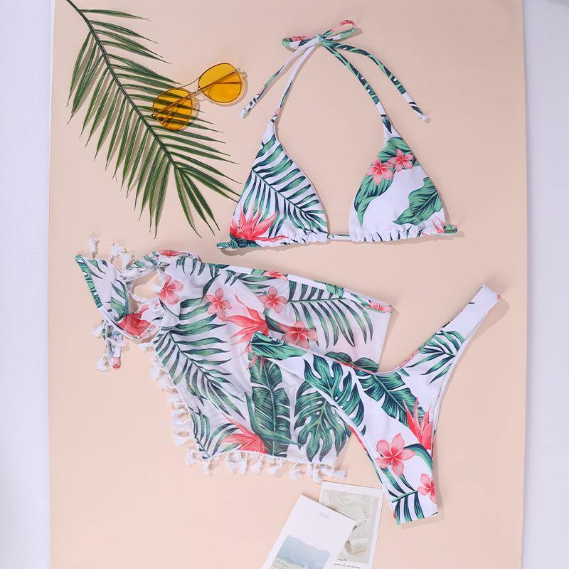 Sexy Backless Floral Print Halter 3pcs Bikini-STYLEGOING