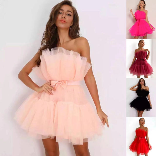 Sexy Strapless Tulle Bowknot Ball Gown Pary Dresses