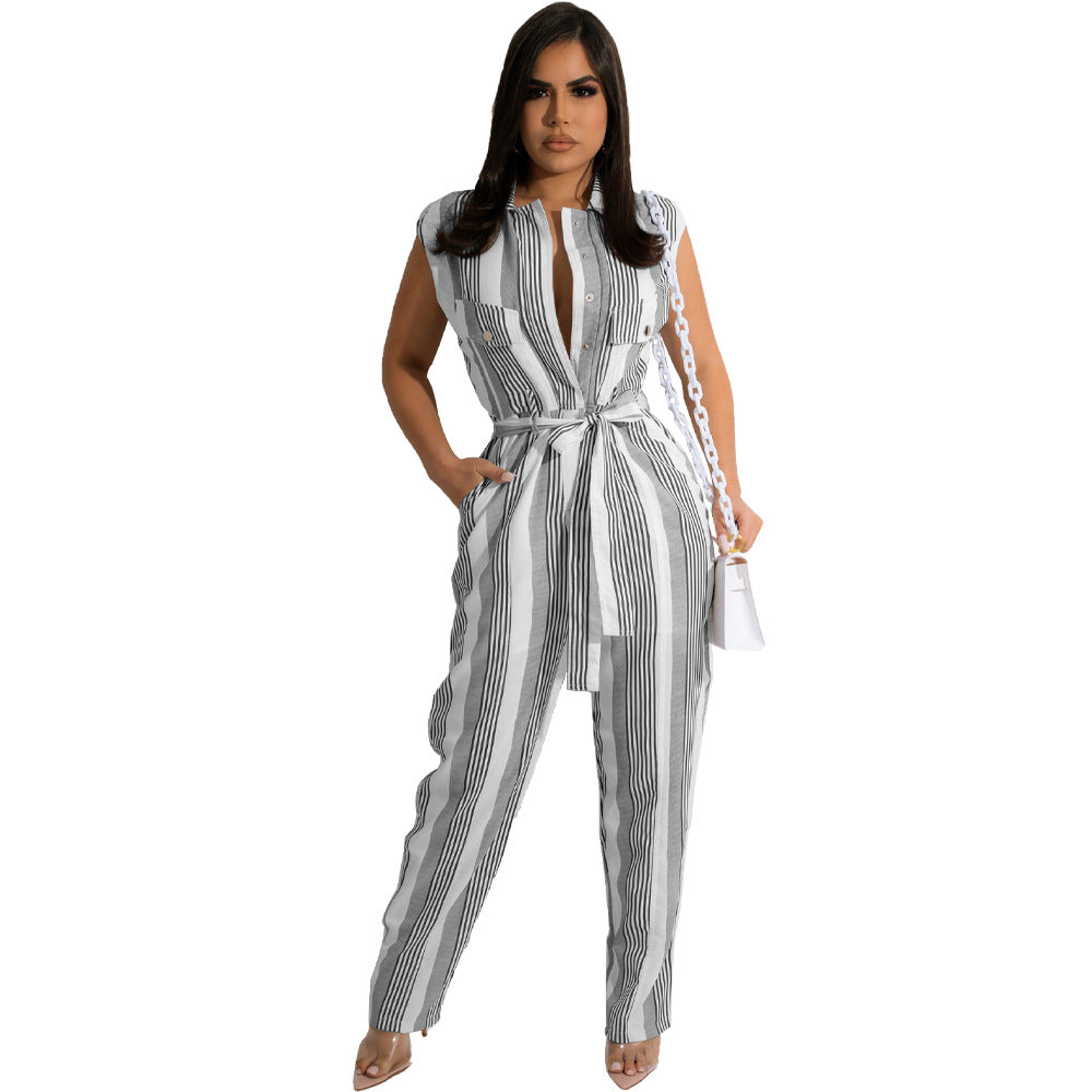 Casual Striped Women Jumpsuits with Belt