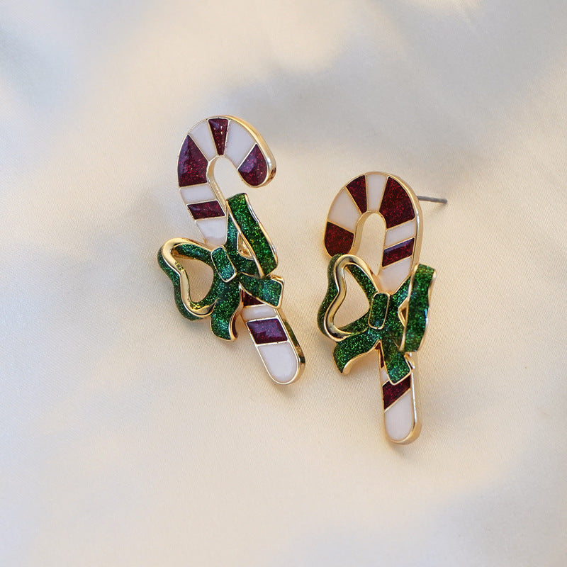 Merry Christmas Walking Stick Design Stubs Earrings