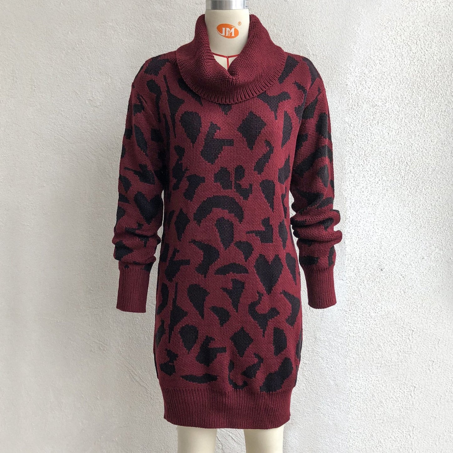 Leopard Turtleneck Knitting Sweater Dresses for Women