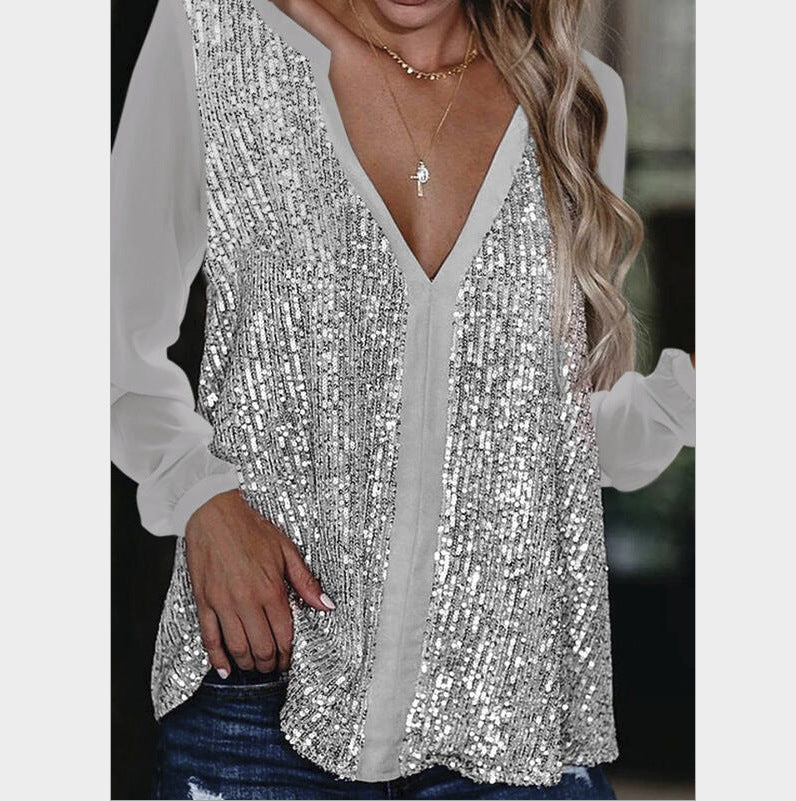 Leisure Sequined Long Sleeves Blouses Shirts for Women
