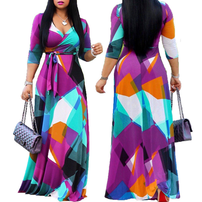 Women V Neck Geometry Design Long Party Dresses