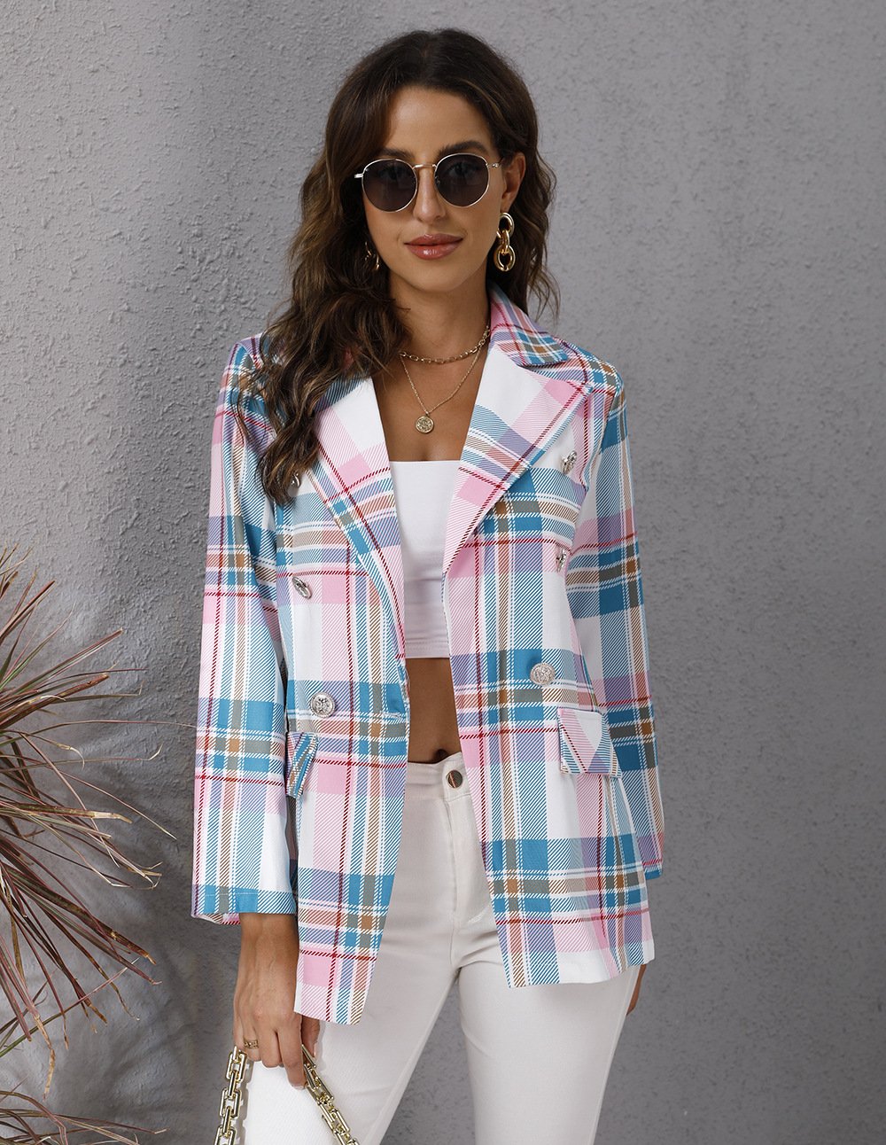 Women Colorful Plaid Long Sleeves Blazers-STYLEGOING