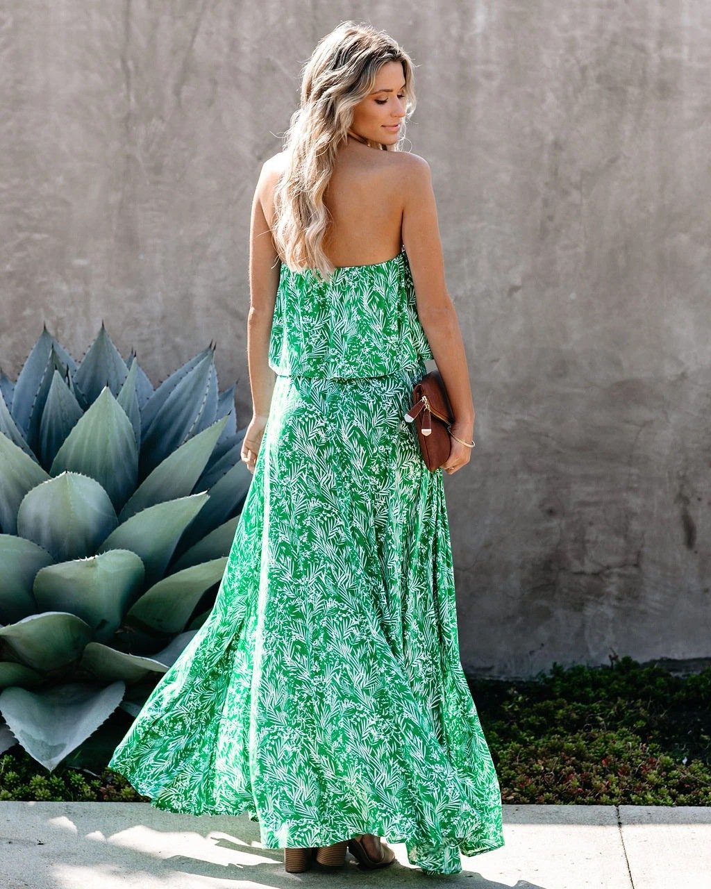 Green Leaf Print Strapless Ruffled Long Dresses-STYLEGOING