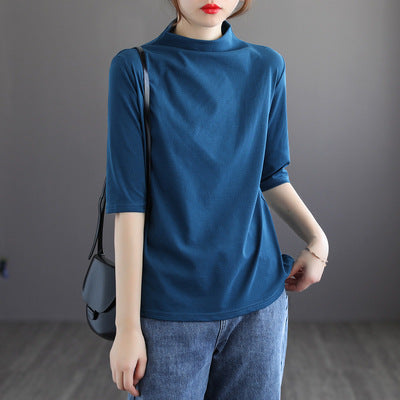 Vintage Half Sleeves Women High Neck T Shirts