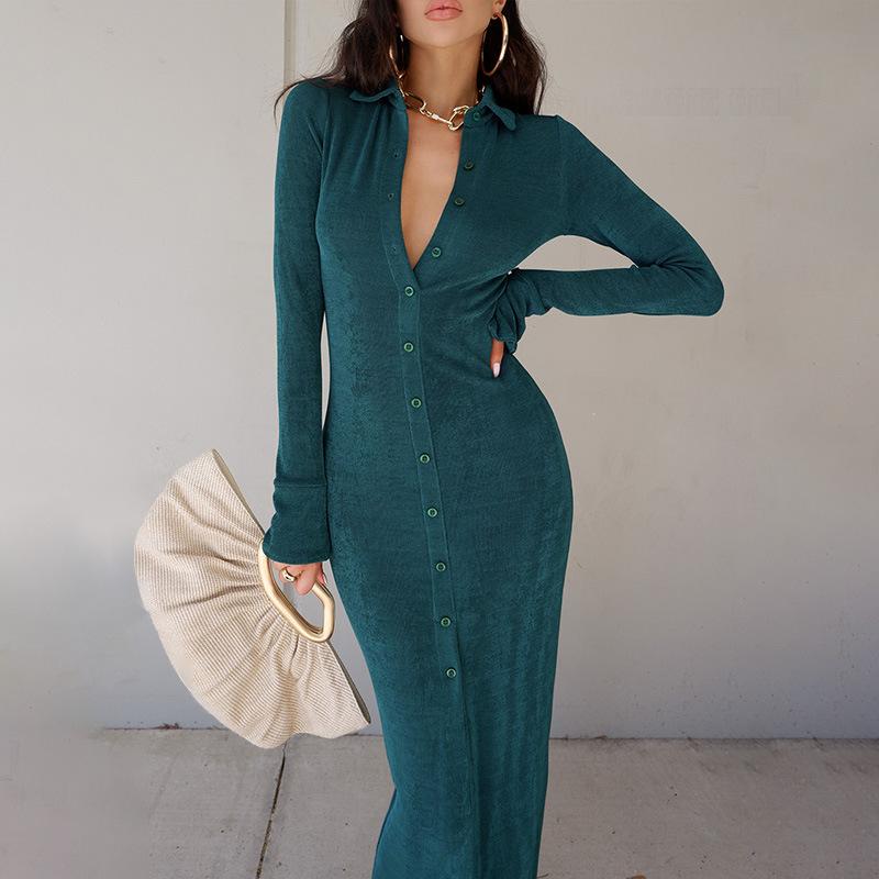 Sexy High Waist Knitting Long Sleeves Split Long Dresses-Dark Green-S-Free Shipping at meselling99