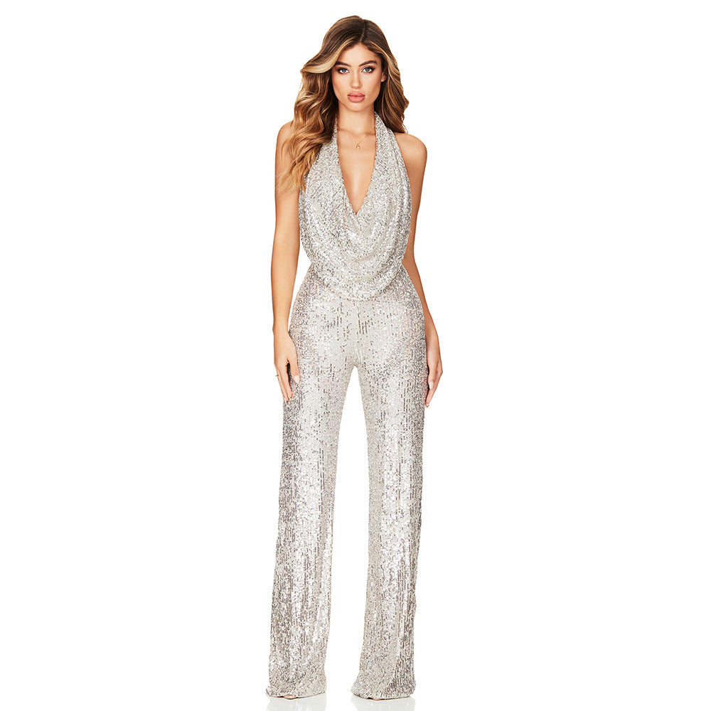 Sexy Deep V Neck Backless Sequined Sleeveless Jumpsuits
