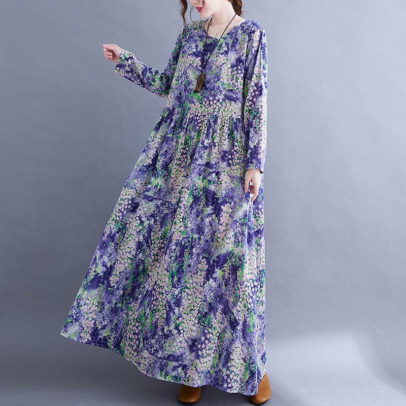 Lavender Print Long Sleeves Cozy Dresses