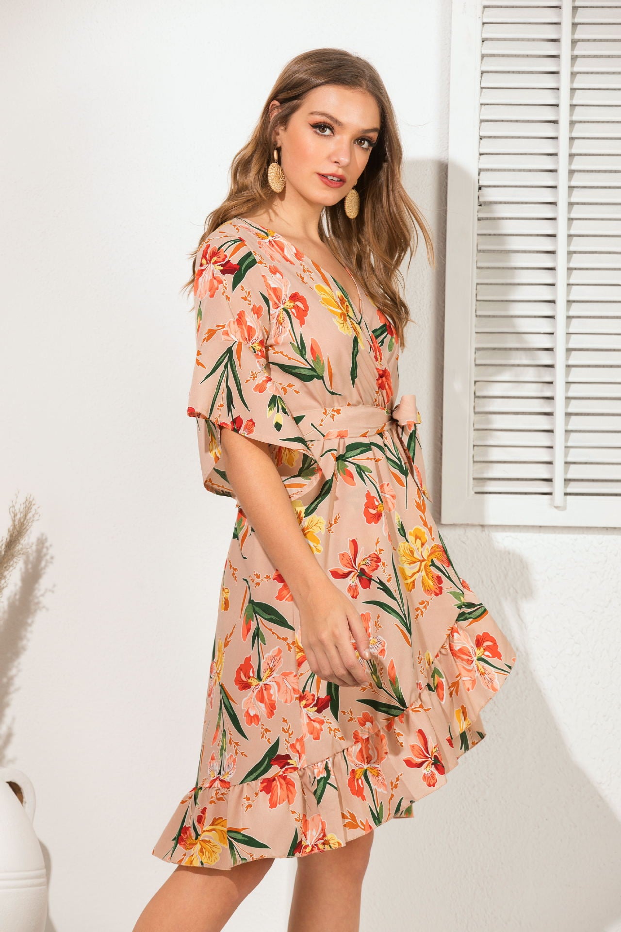 Casual V Neck Floral Print Ruffled Short Daily Dresses