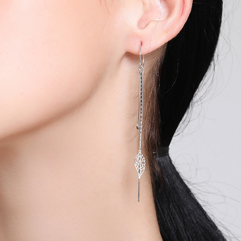 Leaf Design Sterling Sliver Long Tassel Earrings for Women