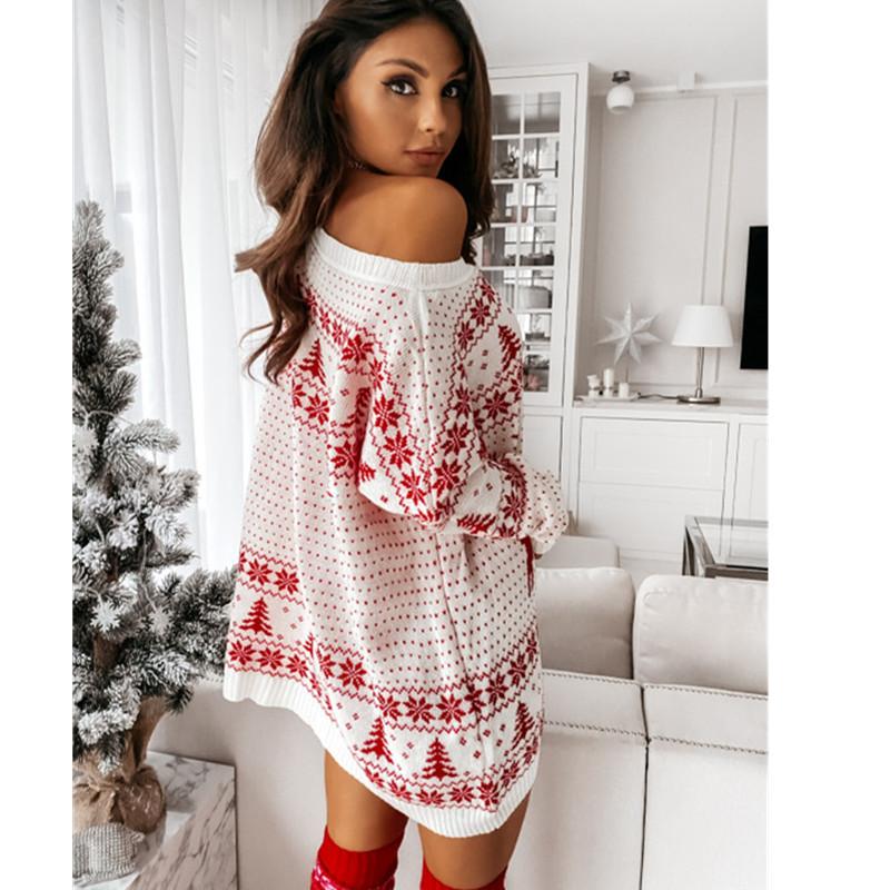 Sexy One Shoulder Christmas Tree Knitting Loose Long Sweaters