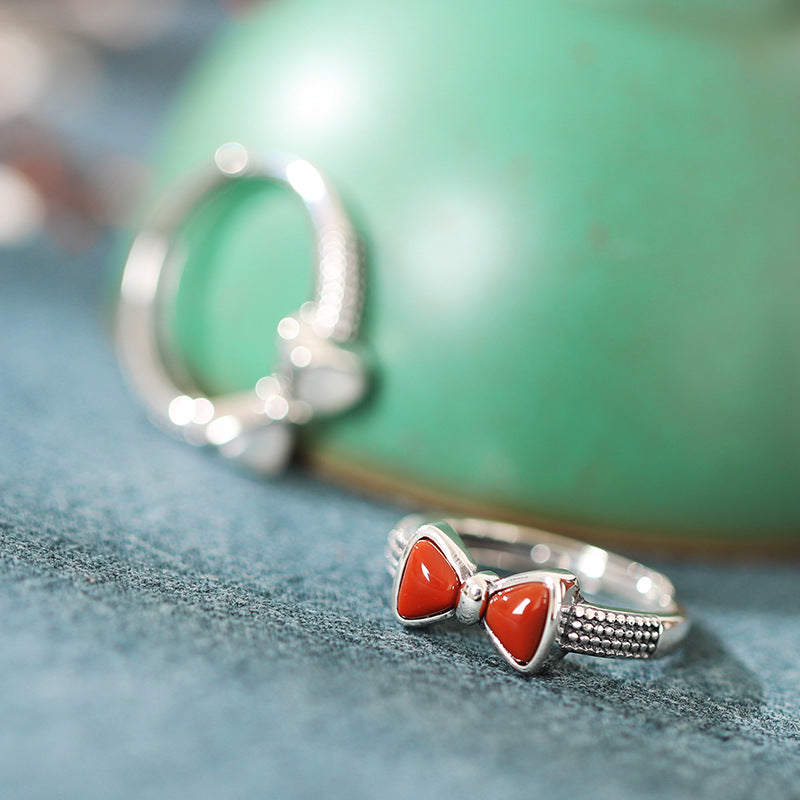 Bow Design Red Agate Sterling Silver Vintage Rings