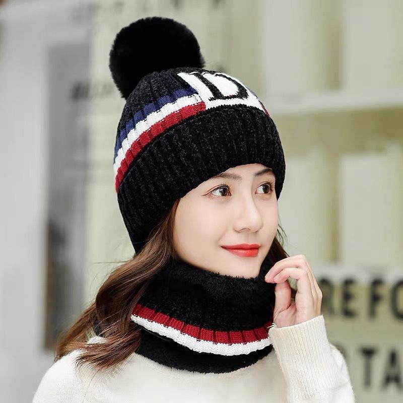Women Fleeced Lined Knitting Warm Hats+Scarfs-Black-56-60cm-Free Shipping at meselling99