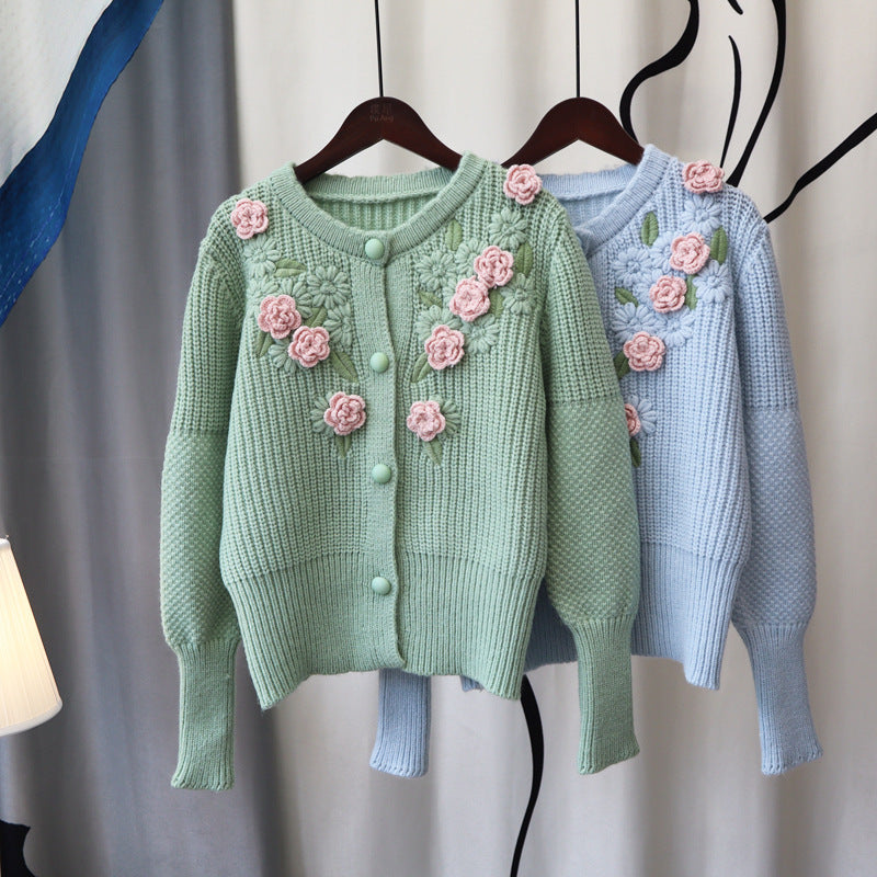 3D Knitting Rose Design Sweetly Knitted Overcoats