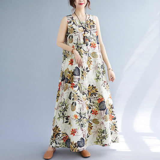 Vintage Linen Sleeveless Vest Women Long Dresses