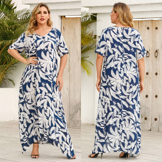 Women Leaf Print Half Sleeves Plus Sizes Summer Dresses