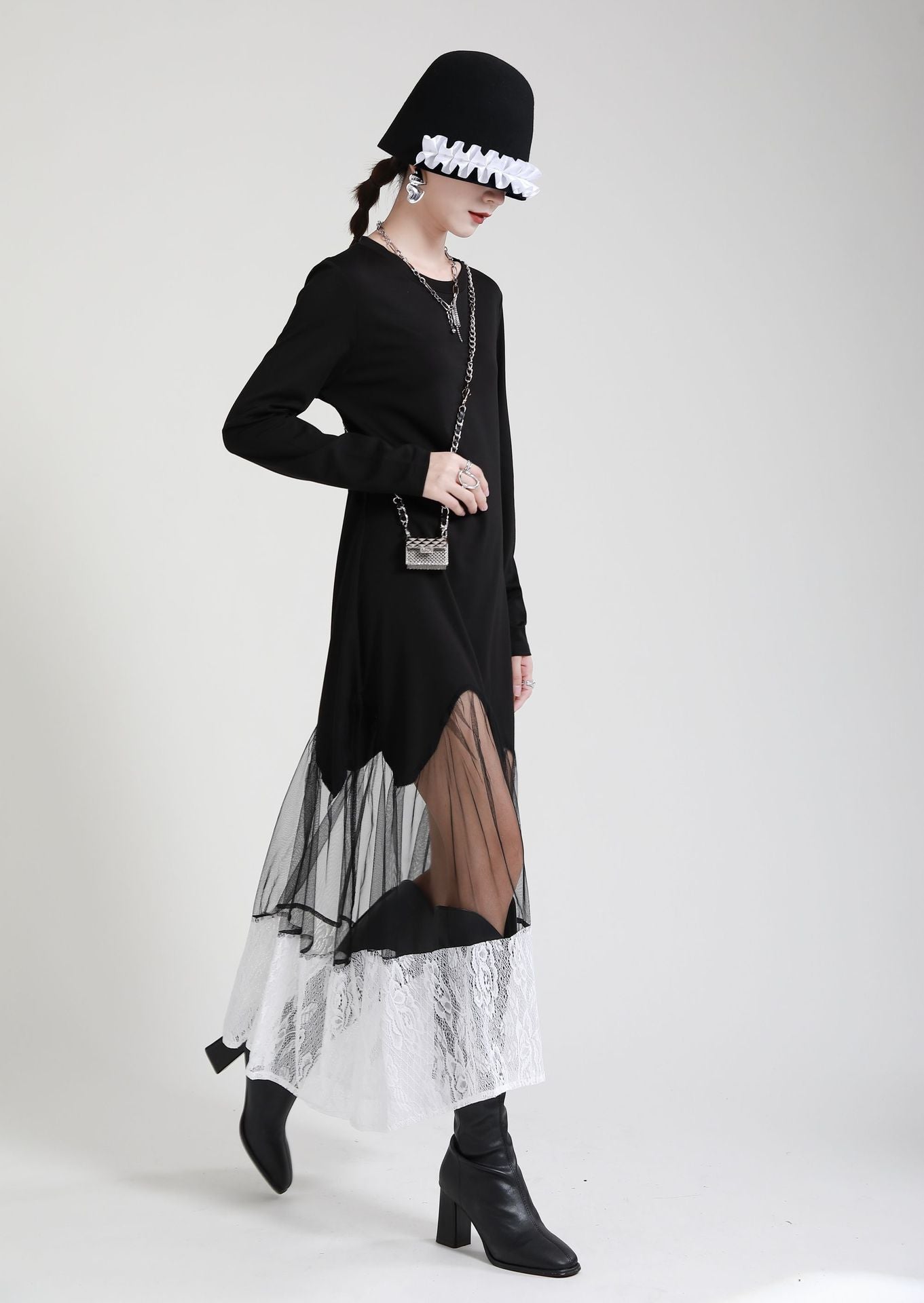 Black Women Irregular Lace Net Fall Long Dresses