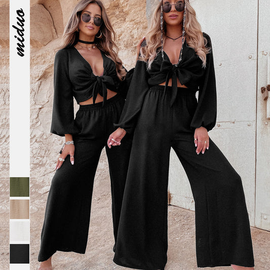 Sexy Long Sleeves Tops & Wide Legs Pants Women Suits