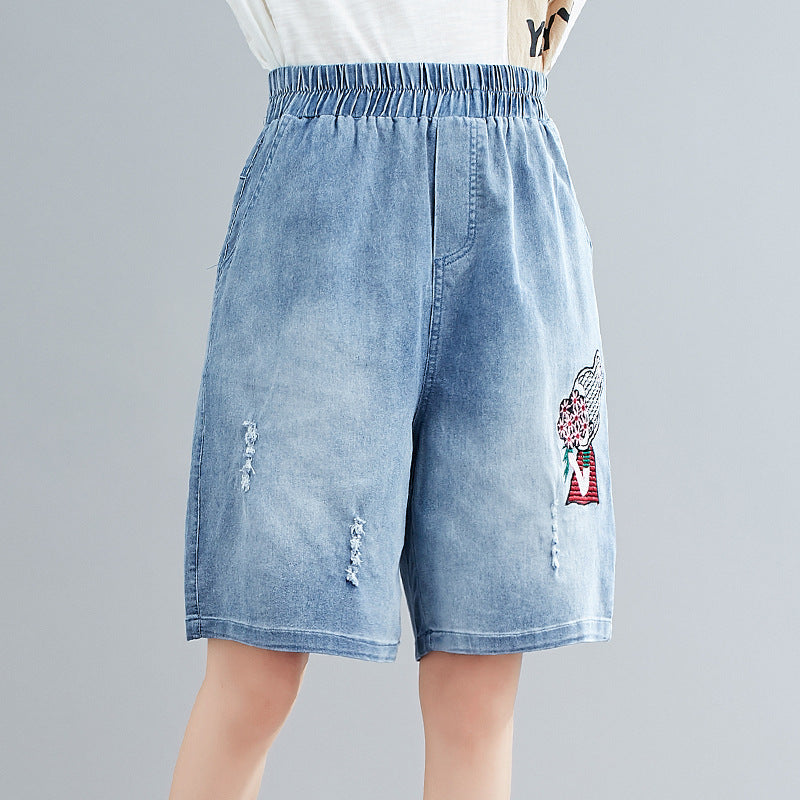 Summer Embroidery Five Cents Denim Trousers for Women