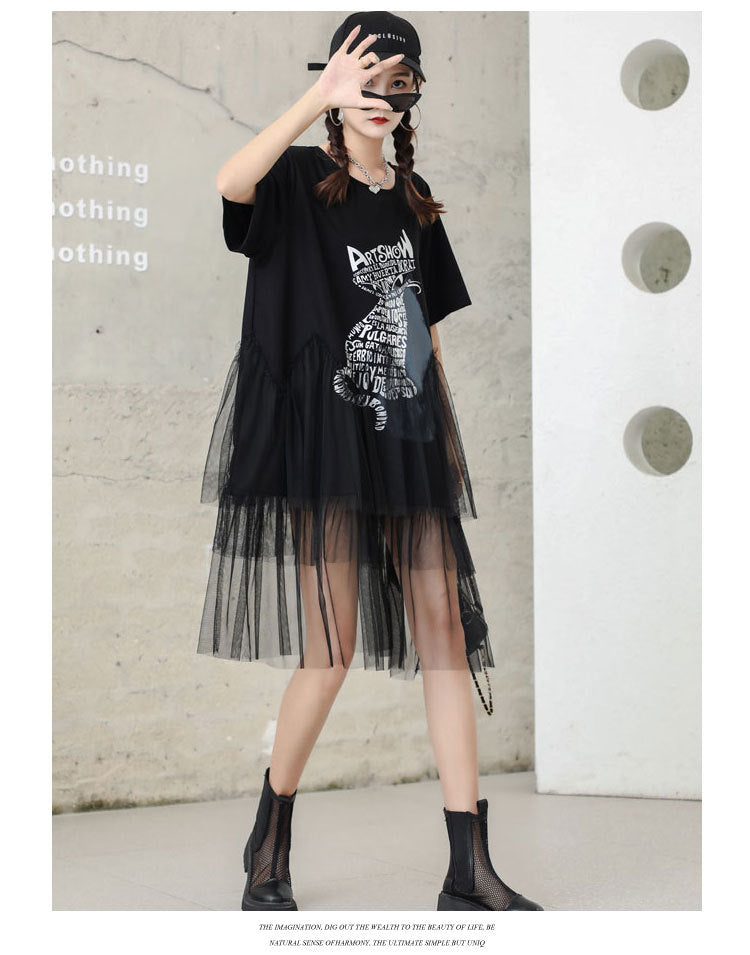 Cat Designed Tulle Loose Summer Black Midi Dresses