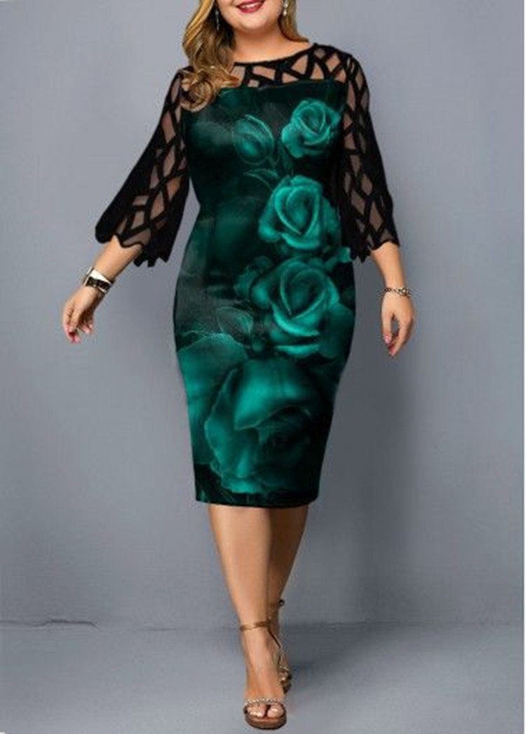 Women Foral Print Lace Plus Sizes Fall Dresses-STYLEGOING