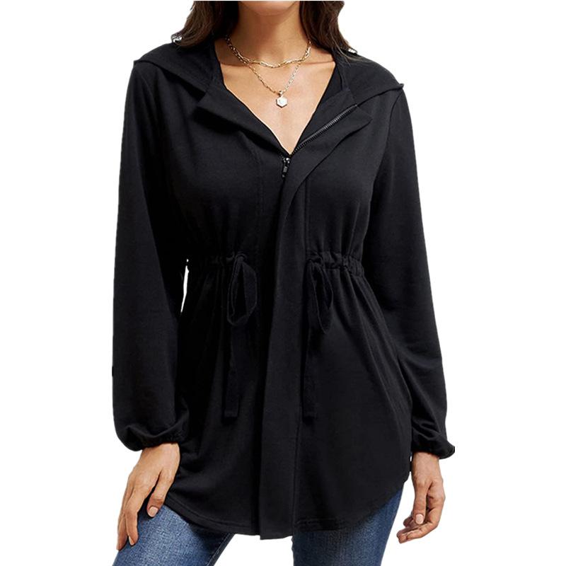Casual Zipper Slim Waist Women Hoody Coat-Black-S-Free Shipping at meselling99