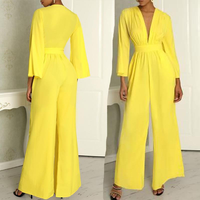 Yellow Long Sleeves V Neck Jumpsuits-STYLEGOING