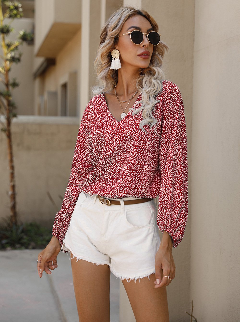 Women Small Foral V Neck Summer Top Blouses-STYLEGOING