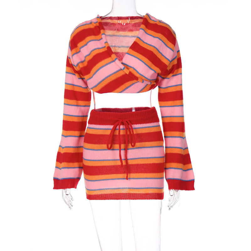 Red Striped Fall Knitted Women Dresses Suits