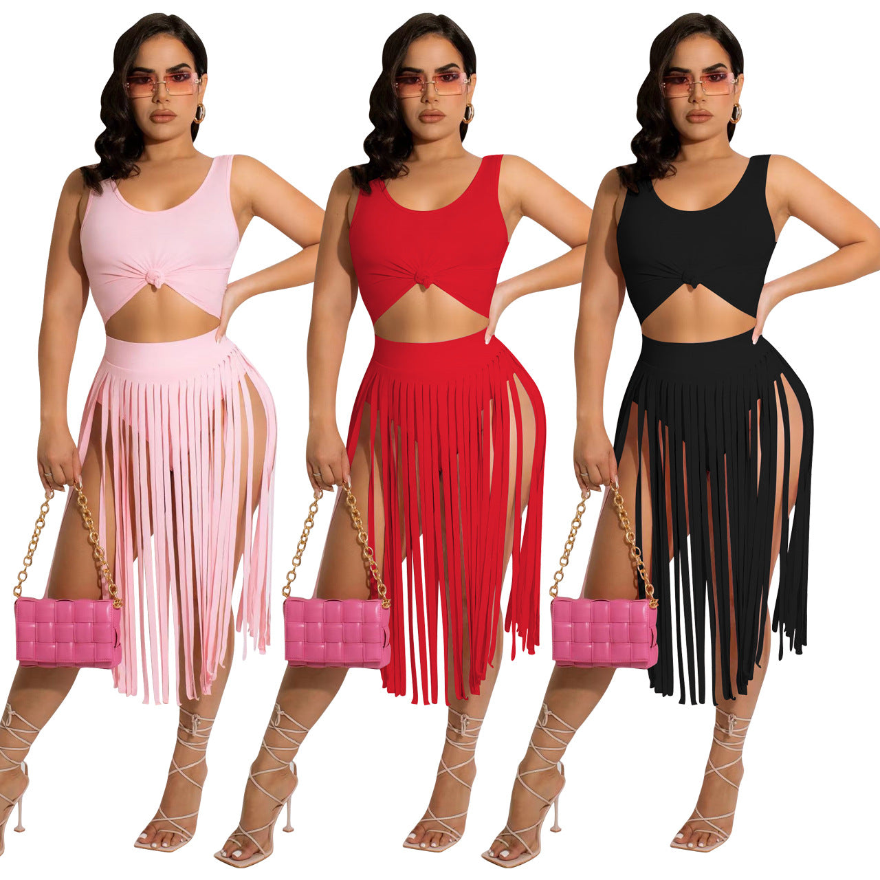 Sexy Tassels Two Pieces Tops and Skirts Set