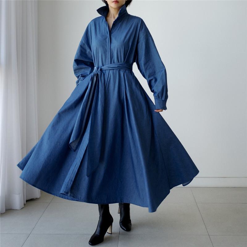 Blue Long Sleeve Loose Demin Shirts Maxi Dresses-STYLEGOING