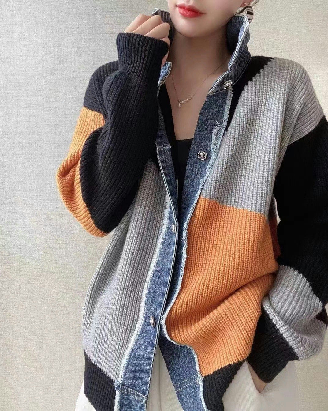 Women Fall Denim Knitting Sweater Outerwear