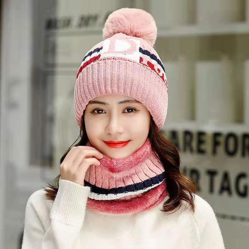 Women Fleeced Lined Knitting Warm Hats+Scarfs-Pink-56-60cm-Free Shipping at meselling99