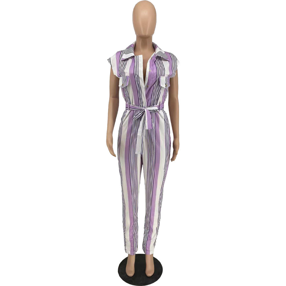 Casual Striped Women Jumpsuits with Belt