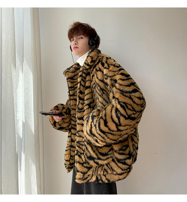 Casual Vintage Artificial Fur Tiger Print Overcoat for Men