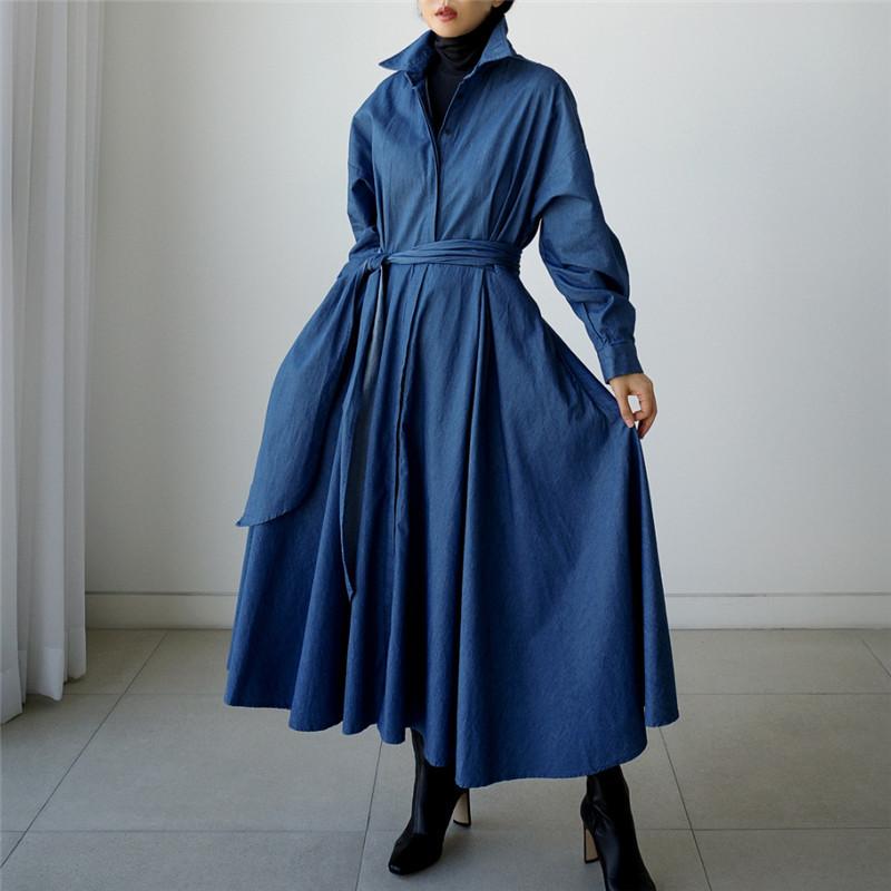 Blue Long Sleeve Loose Demin Shirts Maxi Dresses-STYLEGOING