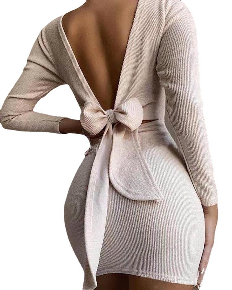 Sexy Bowknot Backless Knitting Mini Dresses-Off the White-S-Free Shipping at meselling99