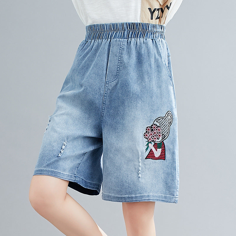 Summer Embroidery Five Cents Denim Trousers for Women