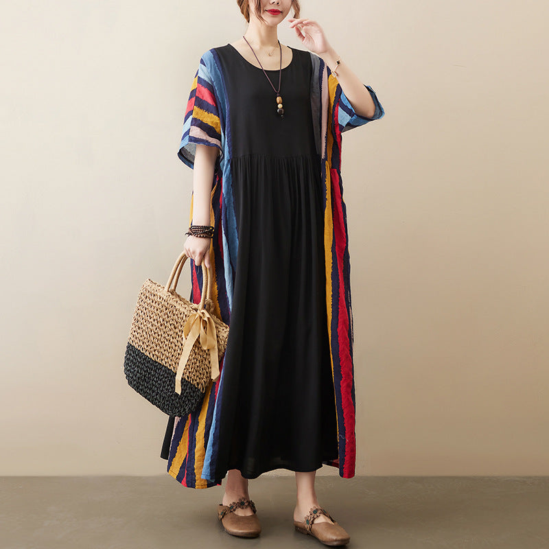 Vintage Striped Short Sleeves Long Cozy Dresses