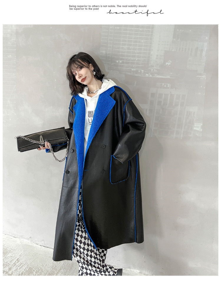 Reversible Leather Fur Thicken Winter Blazer Long Overcoat